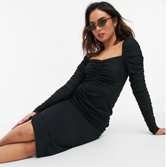 NWT Topshop Black Ribbed Ruched Long Sleeve Midi Dress. Size US 2. Stretchy! - Picture 6 of 15
